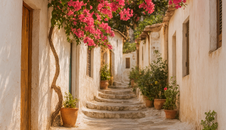 Sunlit alley in Anafiotika with whitewashed walls and blooming bougainvillea