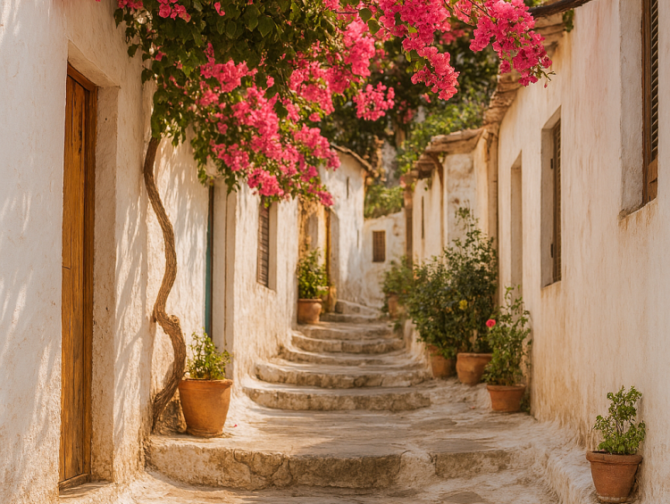 Sunlit alley in Anafiotika with whitewashed walls and blooming bougainvillea