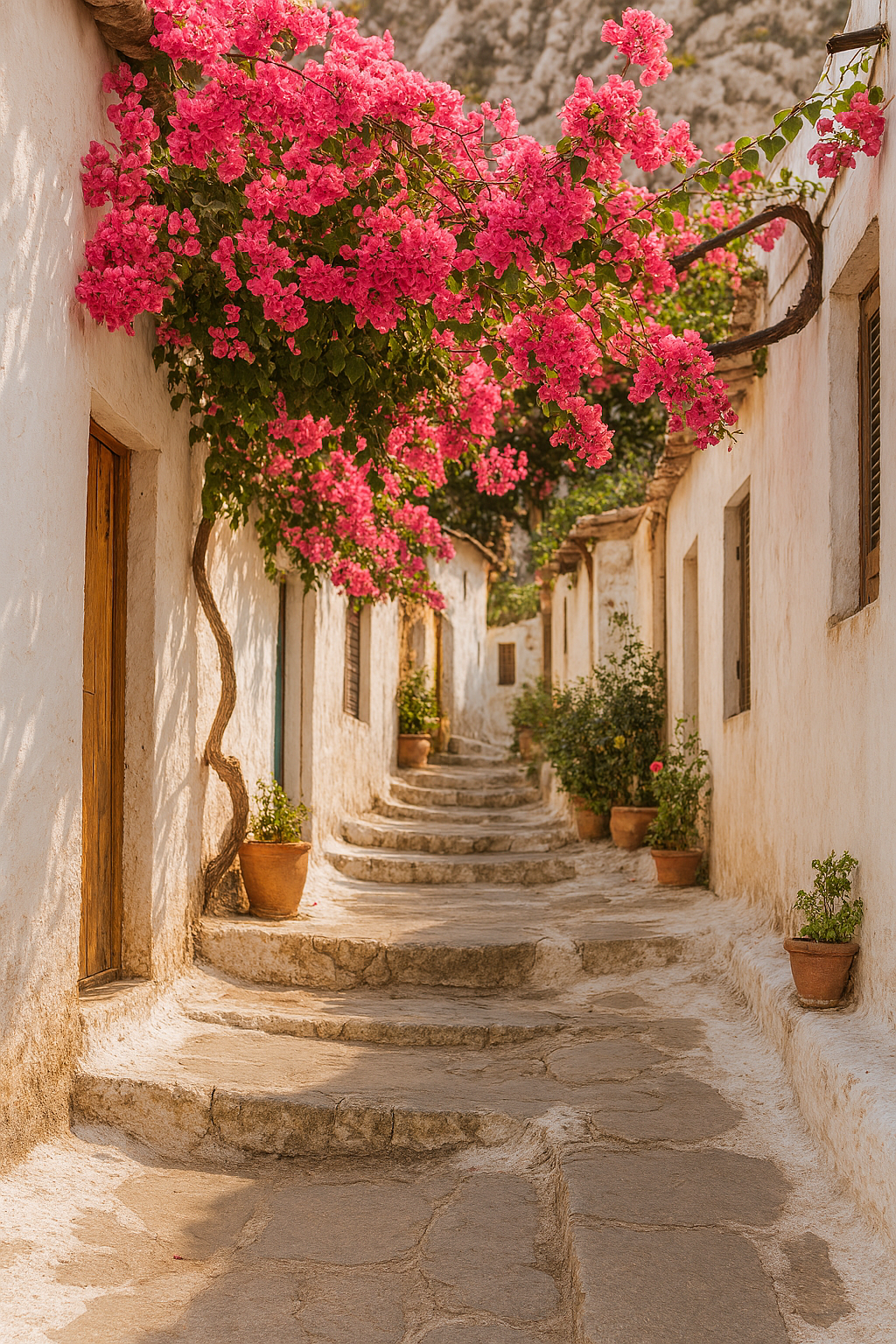 Sunlit alley in Anafiotika with whitewashed walls and blooming bougainvillea