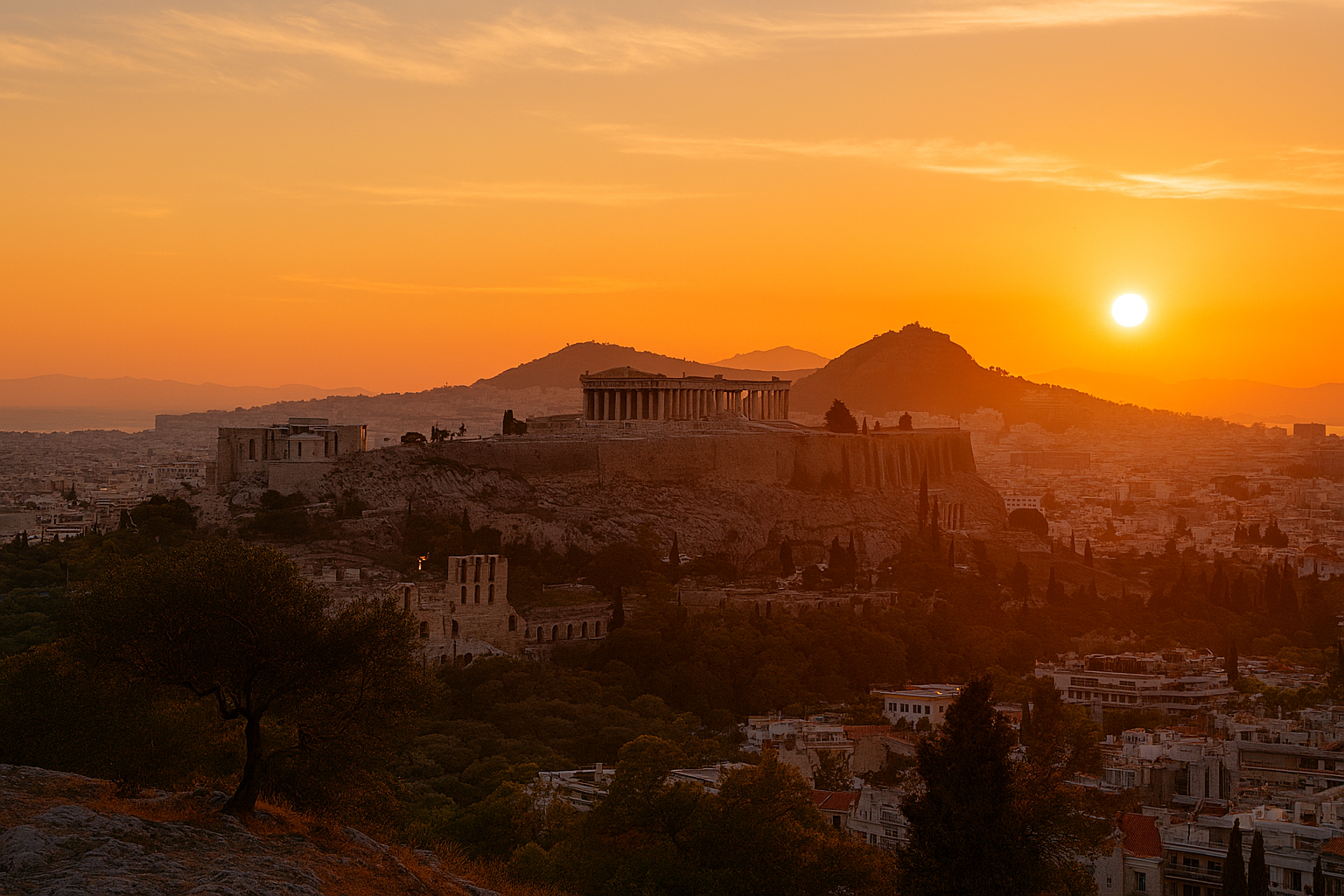 Philopappos Hill in Athens at sunset with the Acropolis in the distance bathed in golden light