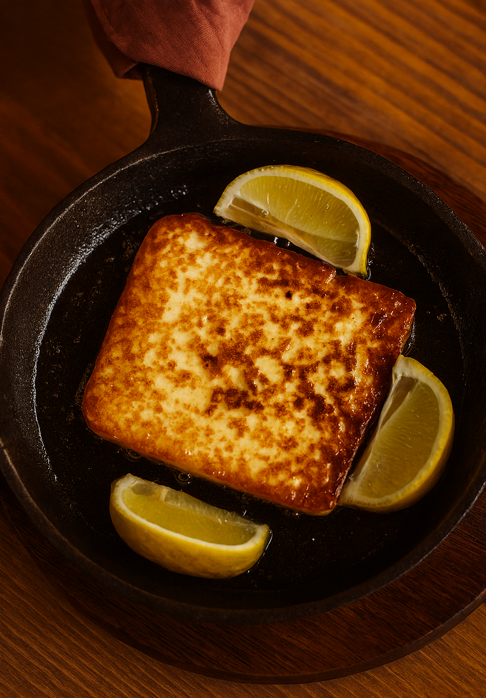 Golden saganaki cheese served hot with lemon wedges