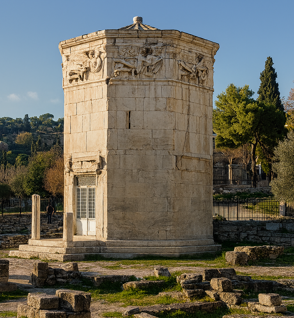 Tower of the Winds in Athens with ancient wind god carvings